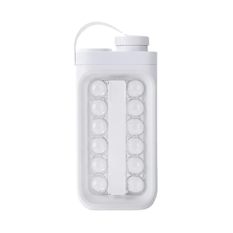 Light blue and white portable ice ball mould kettle showing 17-ball capacity and 2-in-1 bottle design