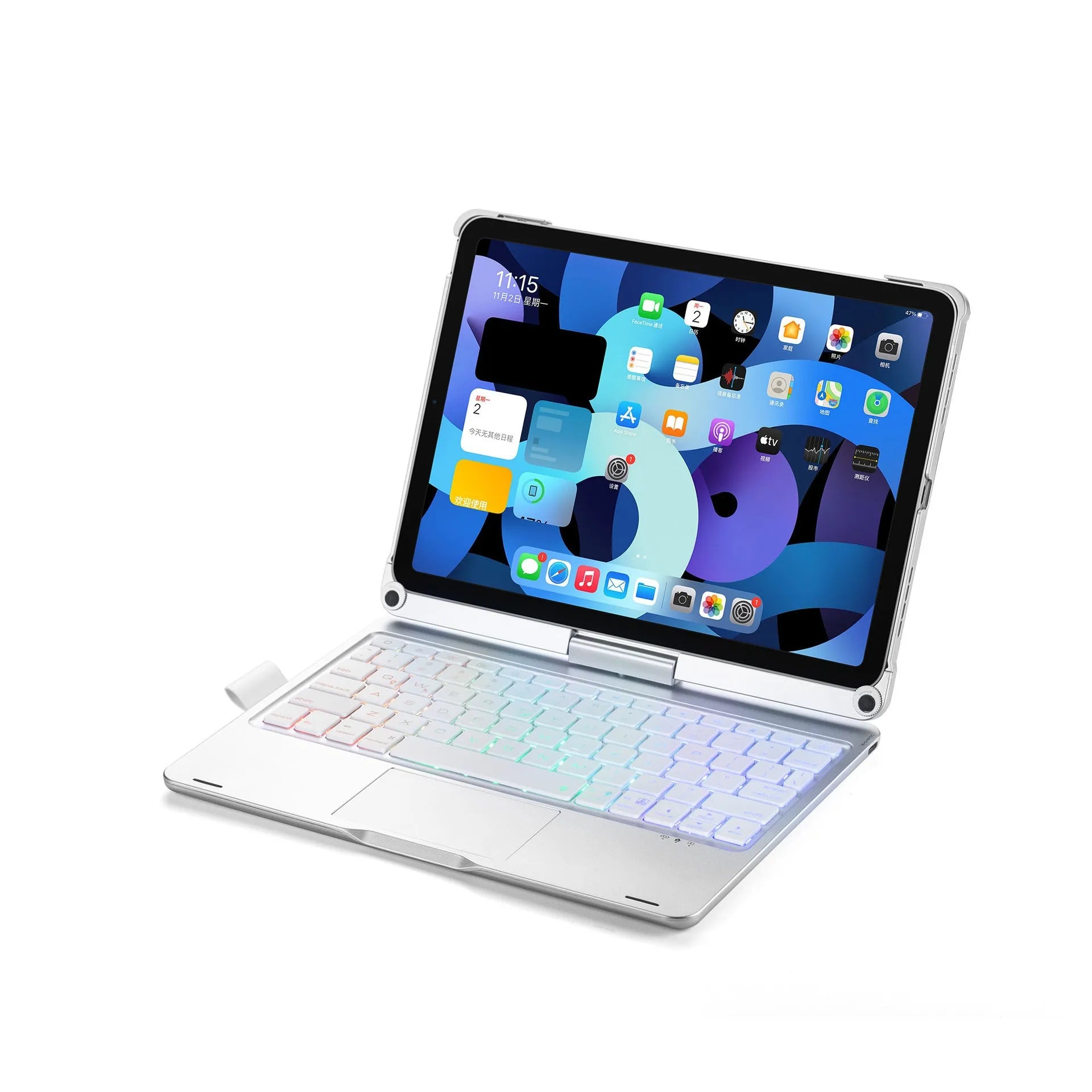 Black 360-degree rotating Bluetooth keyboard with backlit keys next to an iPad tablet.