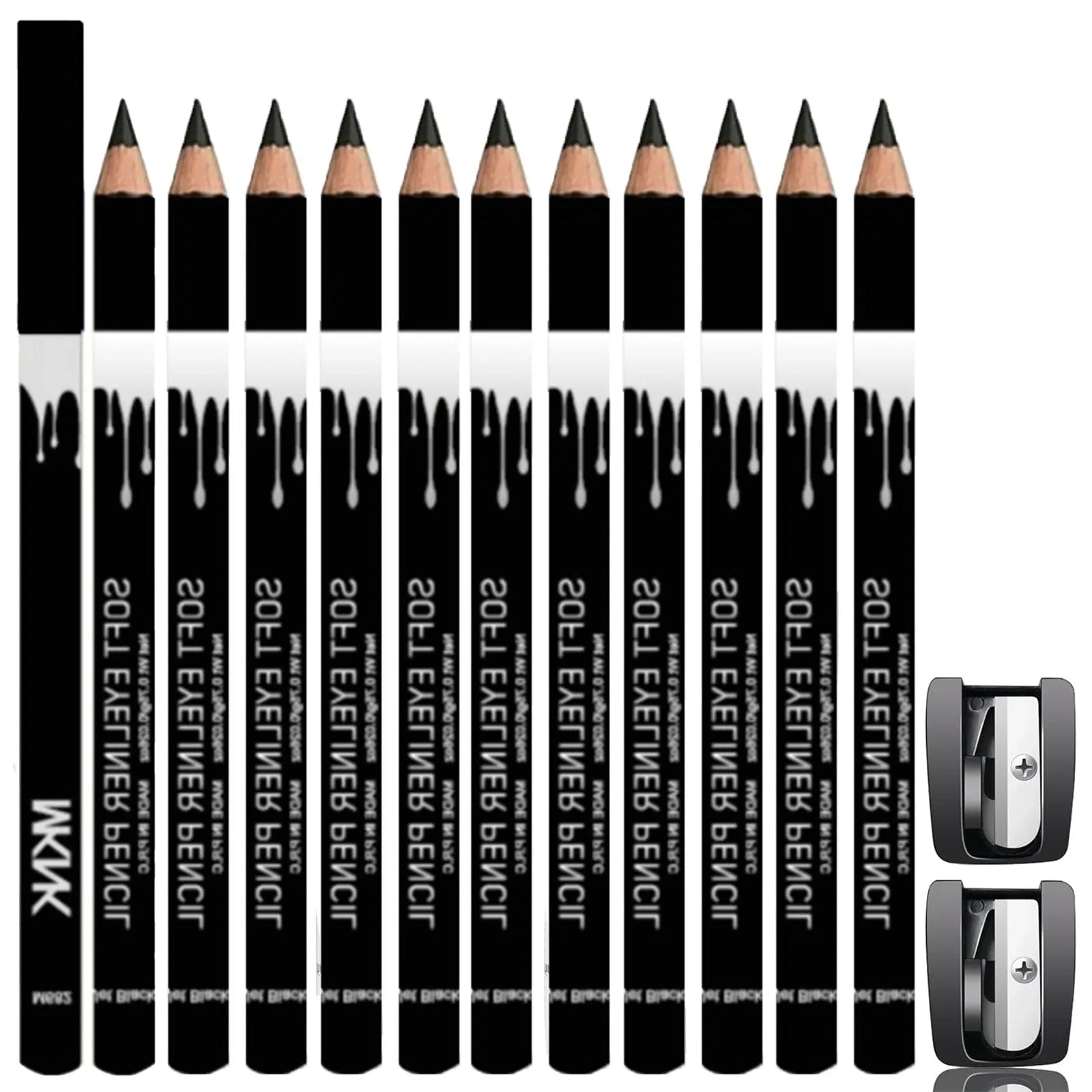12 white and black retractable eyeliner pencils and a sharpener laid out on a flat surface.