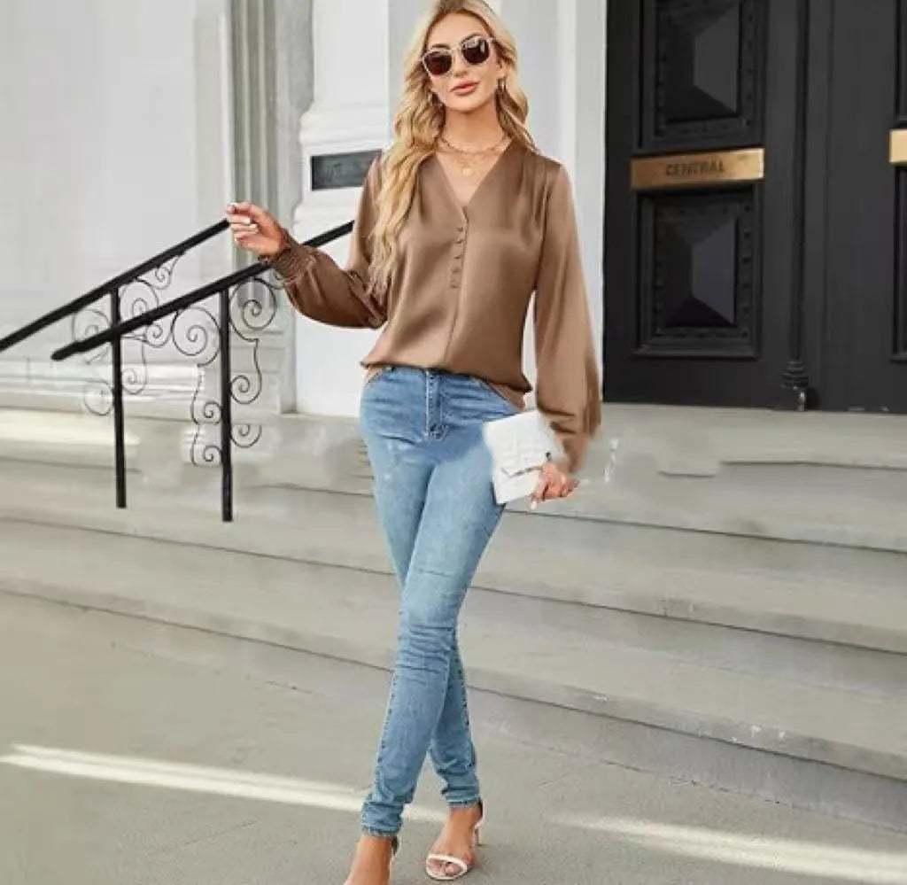 Women's loose fit V-neck long sleeve polyester pullover shirt in beige, front view