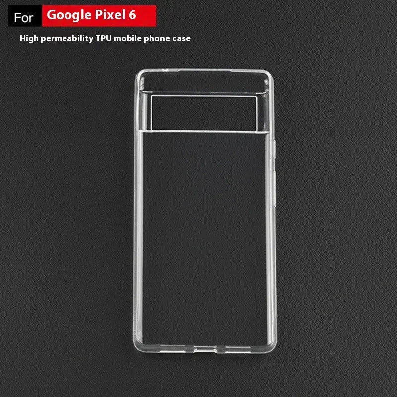 Transparent TPU phone case for Google Pixel 6 with anti-fingerprint coating, laid flat showing cutouts