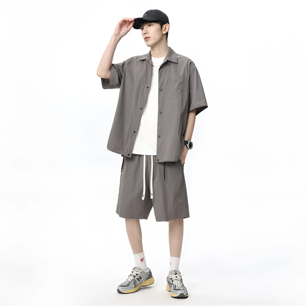 Men's loose casual shirt and shorts two-piece set in dark gray, light breathable nylon blend