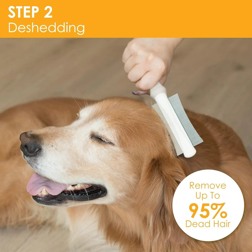 White double-sided dog and cat grooming brush with comb and deshedding head on a comfort-grip handle