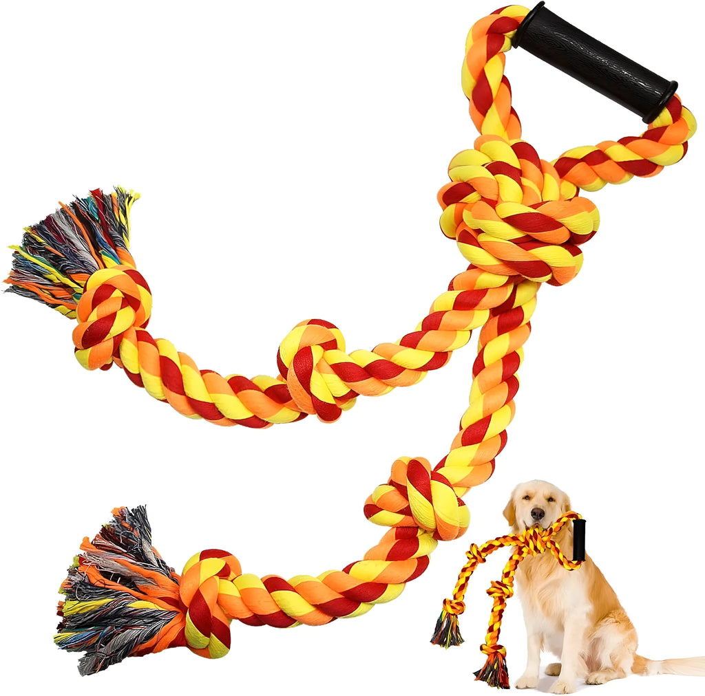 Blue and yellow durable cotton rope tug toy for large dogs with a non-slip handle