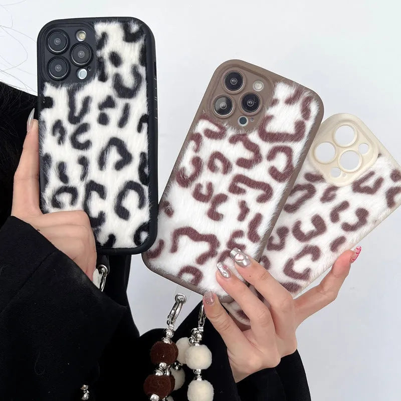 Leopard printed plush silicone iPhone case with chain and bracelet in brown, black or beige