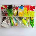 142-piece fishing lure suit set showing hard minnow lures, sequins, hooks, and metal fishing pliers on a blue background.