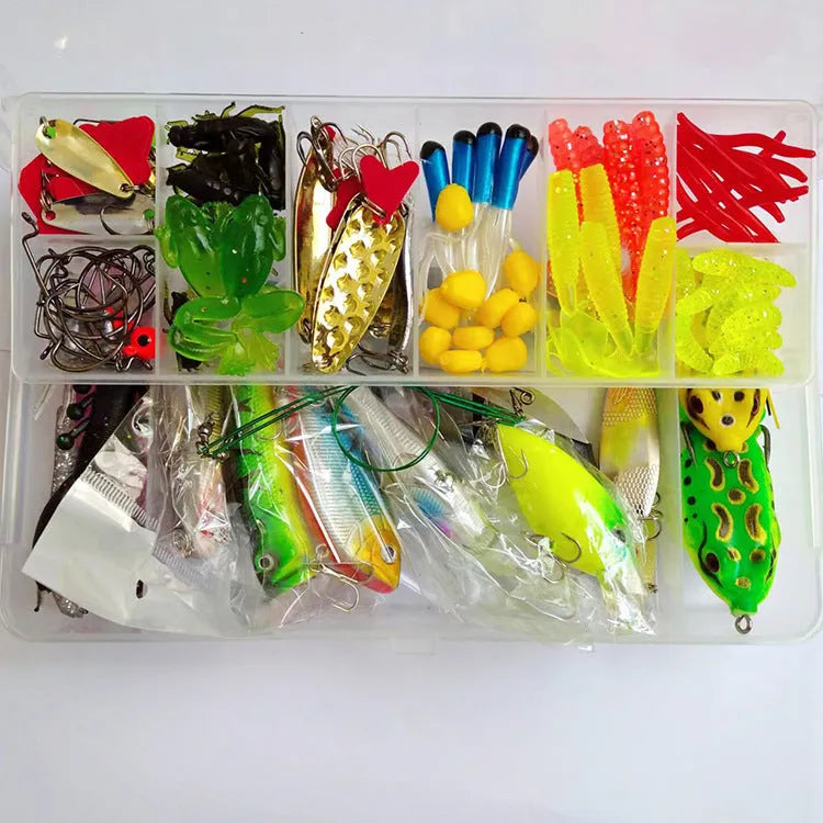142-piece fishing lure suit set showing hard minnow lures, sequins, hooks, and metal fishing pliers on a blue background.