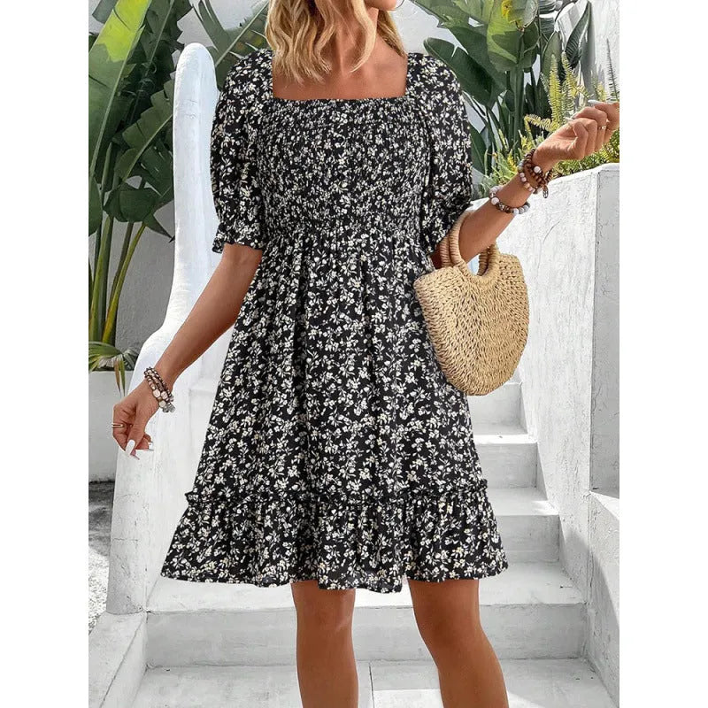 Women's printed puff sleeve backless dress in blue with lace-up and patchwork details, mid-length polyester dress