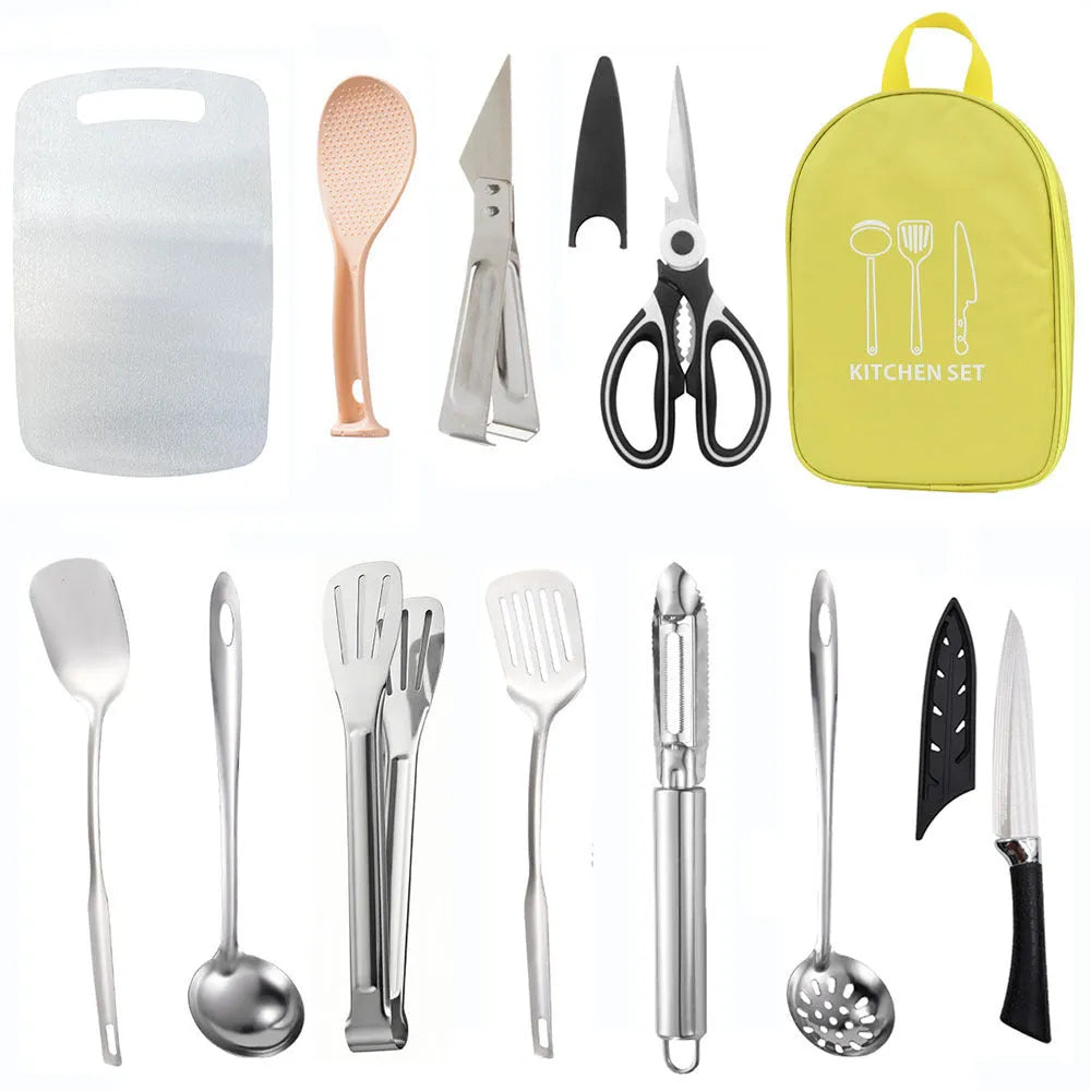 Multi-functional portable picnic bag containing a 12-piece stainless steel kitchenware set for outdoor dining.