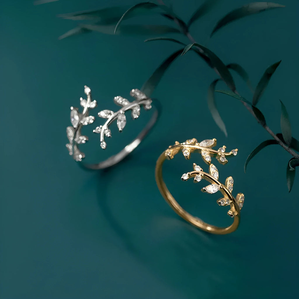 Copper branch leaf ring for women with electroplated silver or gold finish and geometric design elements