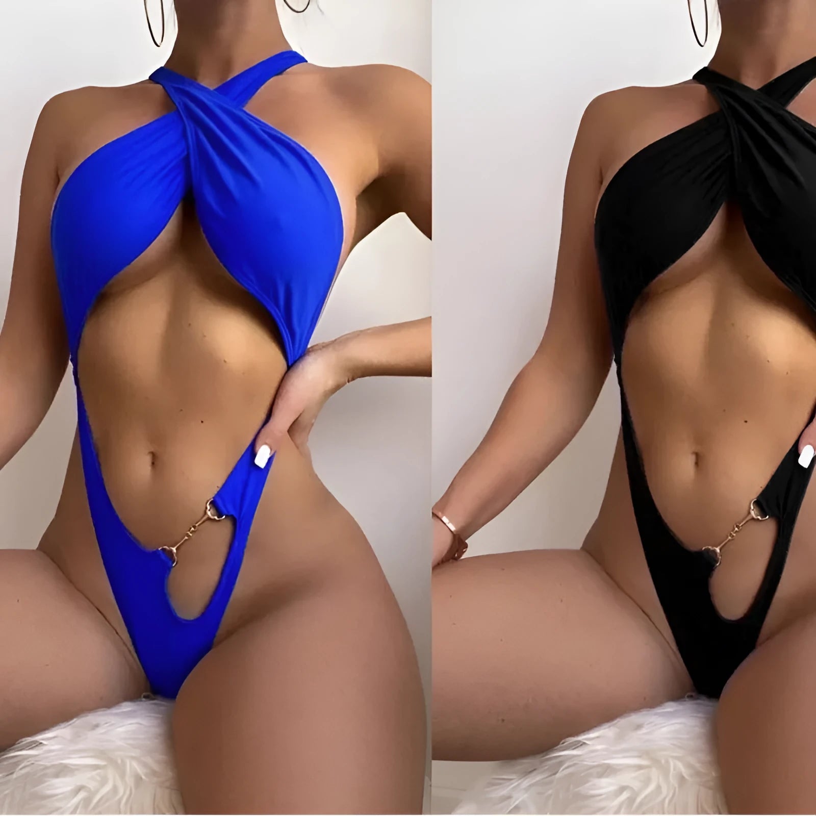 Solid blue or black women's one-piece swimsuit bikini on a mannequin.
