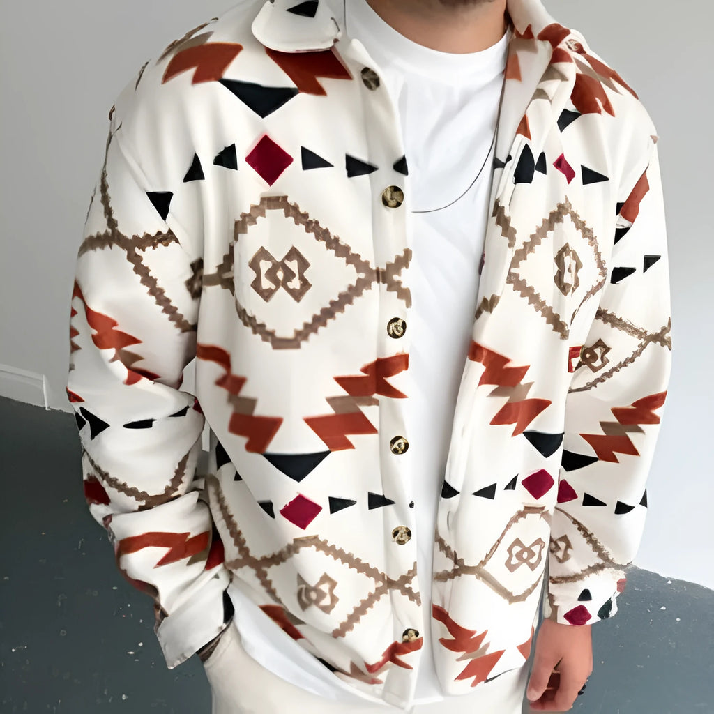 Men's white retro ethnic print cotton shirt jacket with lapel collar and long sleeves, sizes S to XXXL