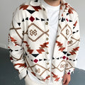Men's white retro ethnic print cotton shirt jacket with lapel collar and long sleeves, sizes S to XXXL