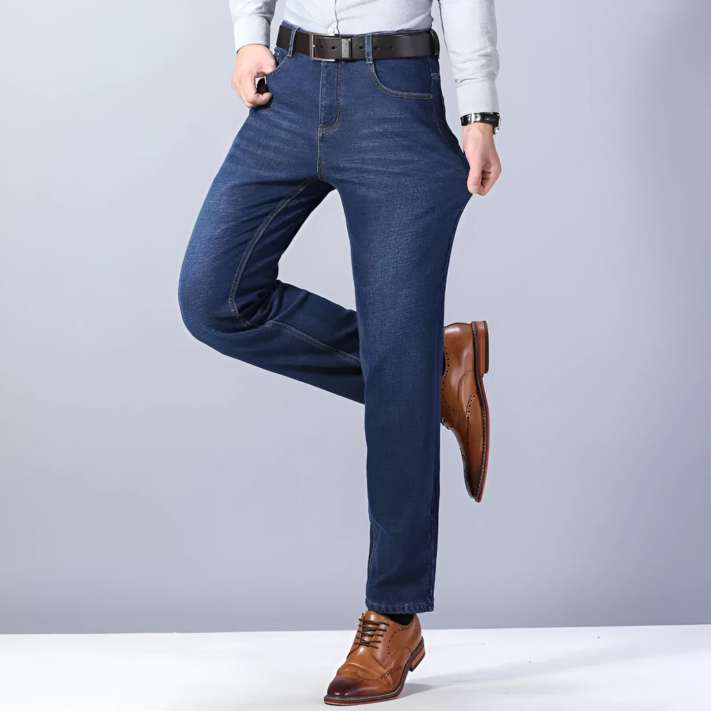 Men's thickened plush cotton jeans in black with straight tube leg and medium waist