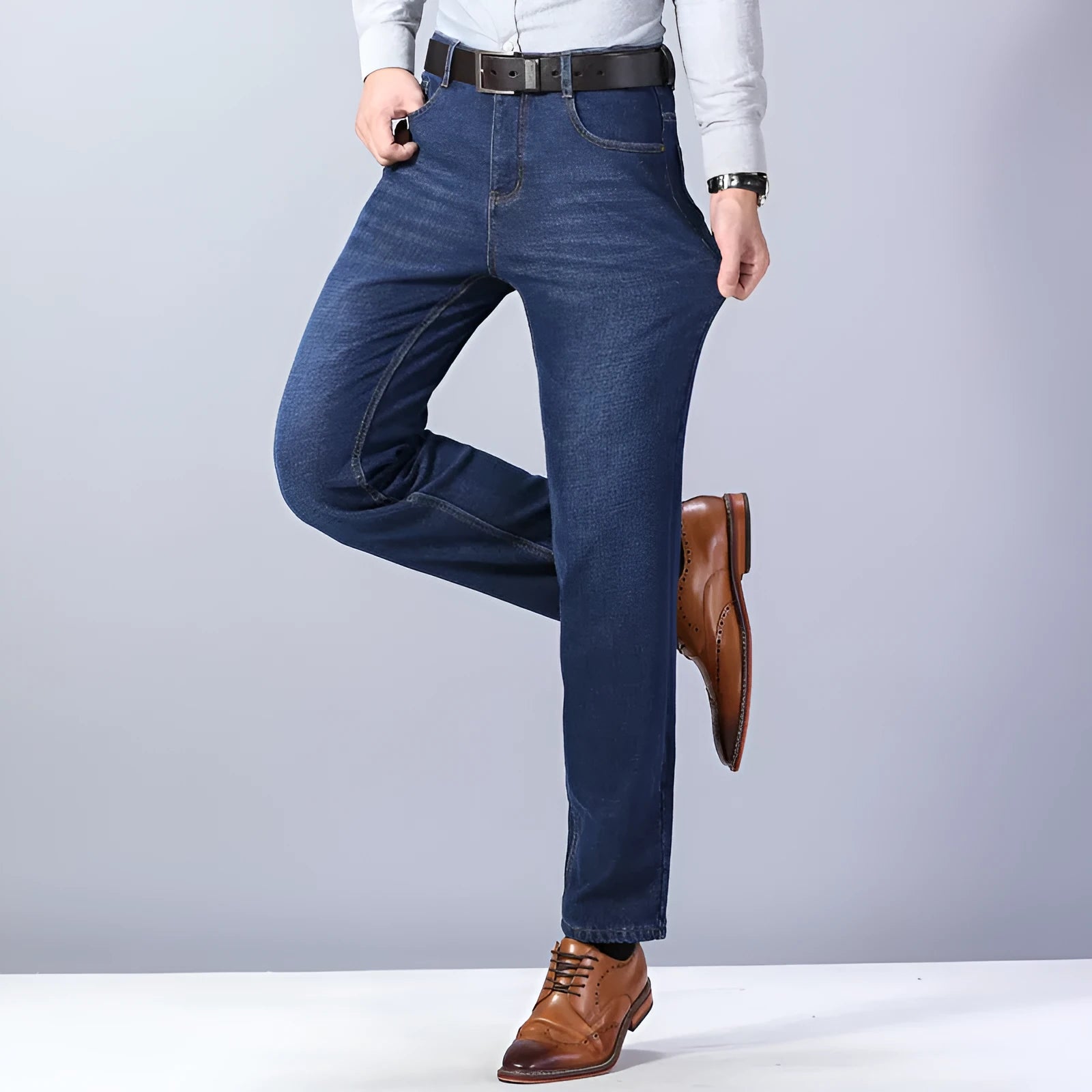 Men's thickened plush cotton jeans in black with straight tube leg and medium waist