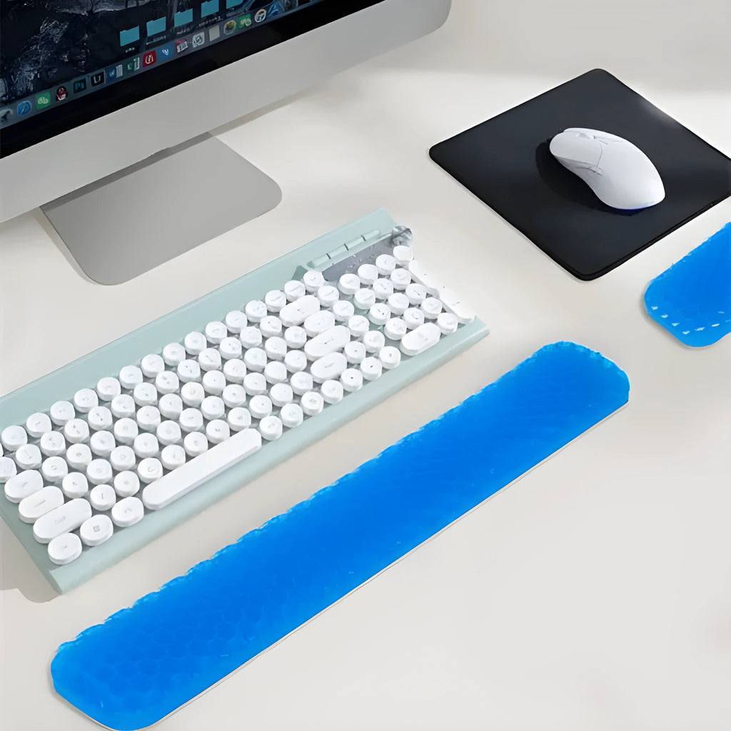 Polymer double-sided wrist rest in blue with hollow grid pattern for keyboard and mouse support