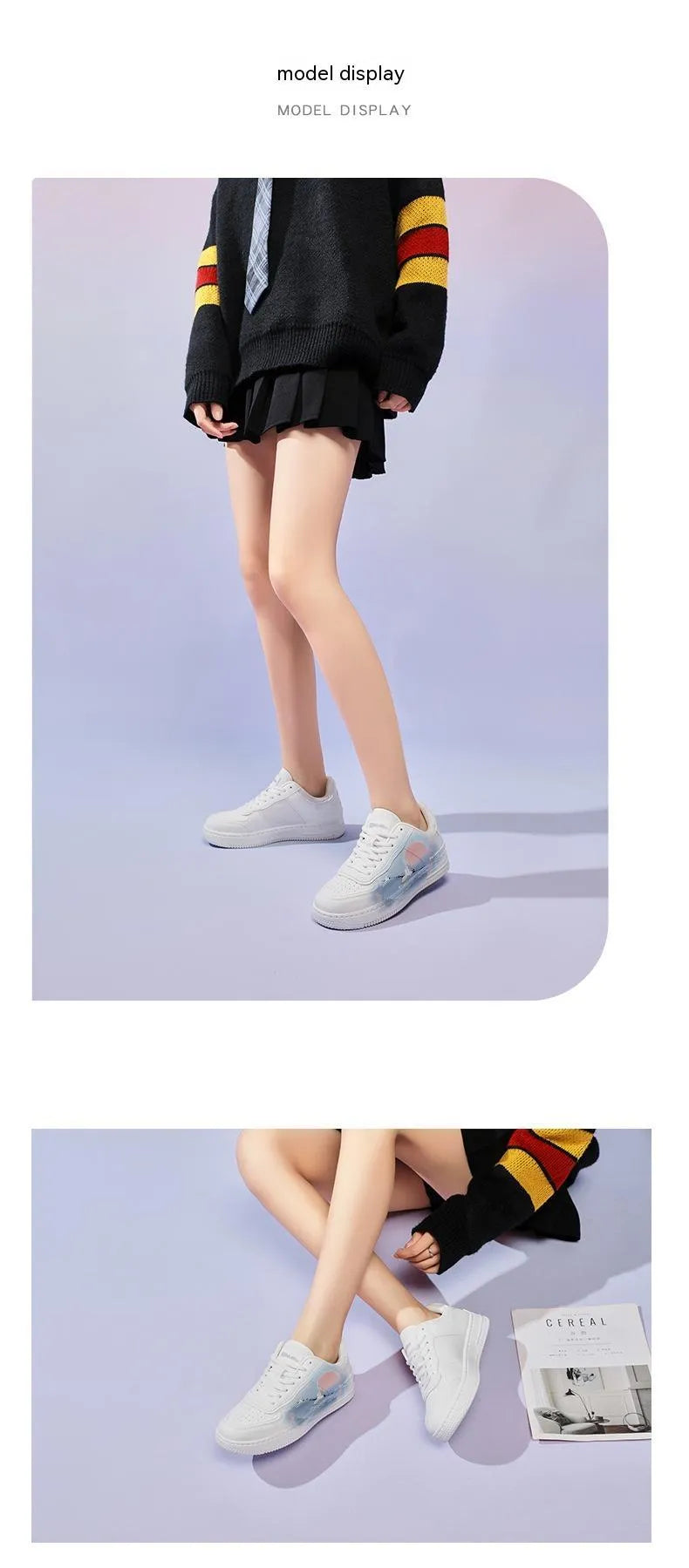 White crane board sneakers low top artificial PU cartoon style white with sky blue laces unisex spring shoes