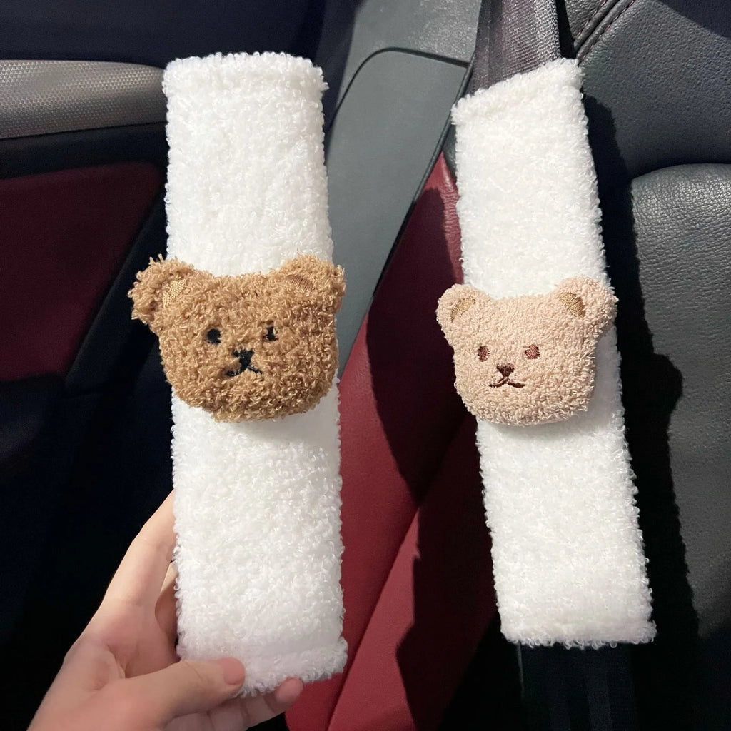 Cartoon bear plush baby car seat belt protective cover showing khaki and coffee colour options
