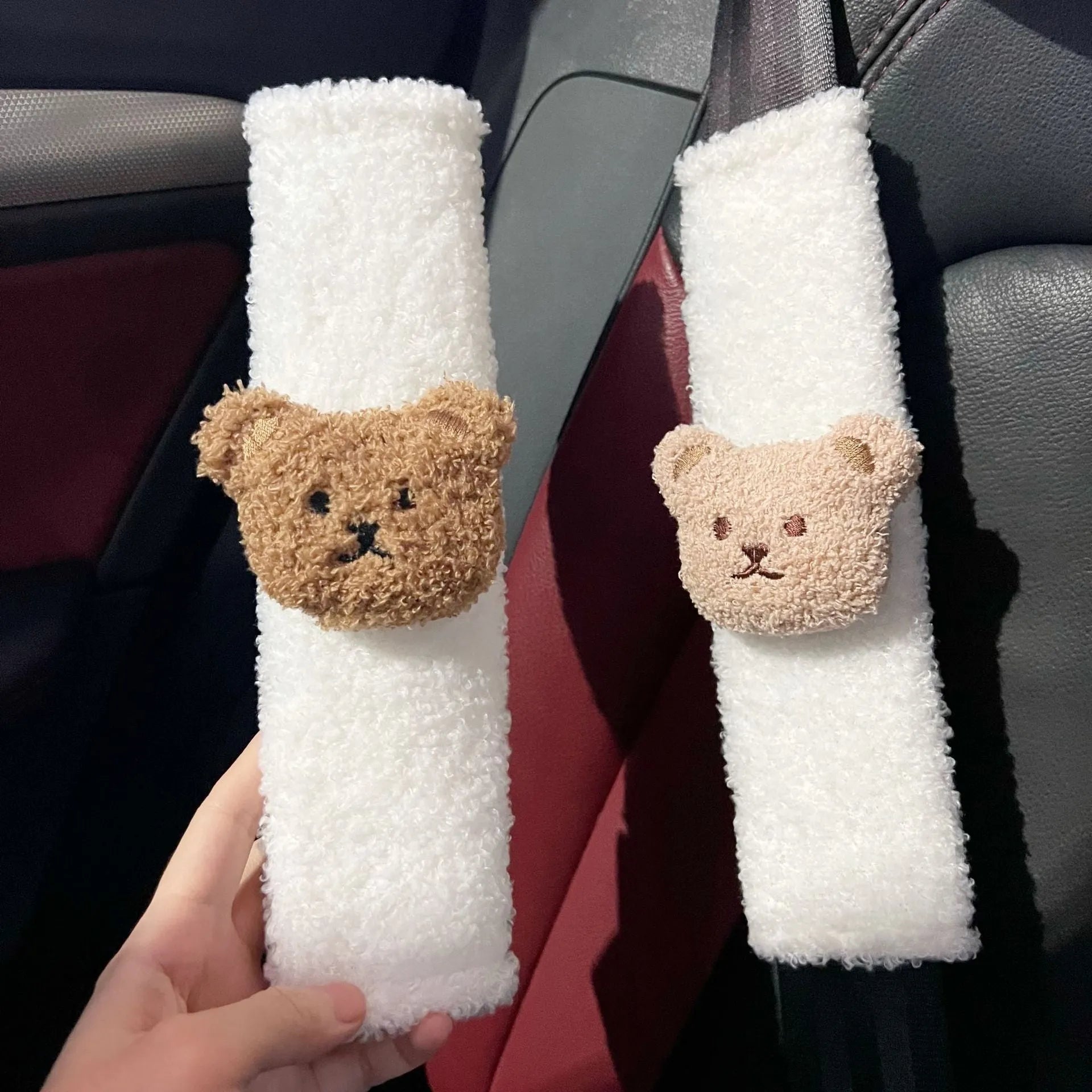 Cartoon bear plush baby car seat belt protective cover showing khaki and coffee colour options
