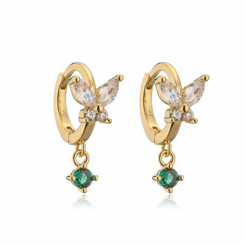 Copper earrings with inlaid colour diamond butterfly fringe design on white background