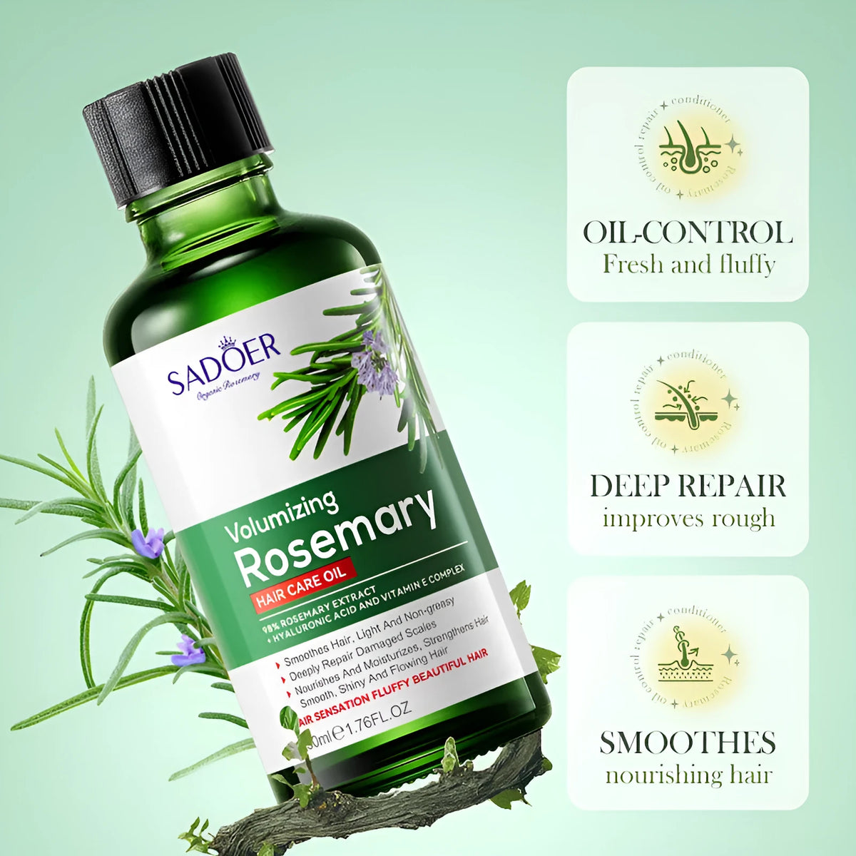Rosemary hair care set with green essential oil 50ml, shampoo 500ml, and conditioner 500ml for dry and frizzy hair