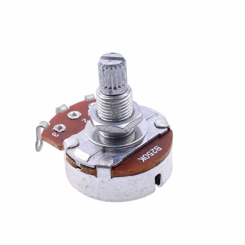 A single solid metal knob for an electric guitar's tone or volume control potentiometer.