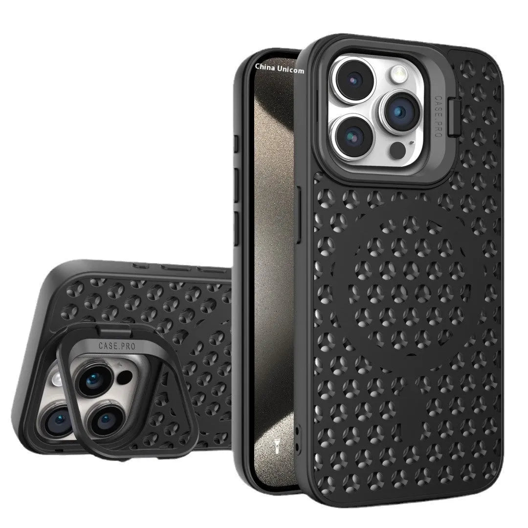 Magnetic suction lens bracket phone case for iPhone in purple, green, blue, black, silver gray or orange TPU.