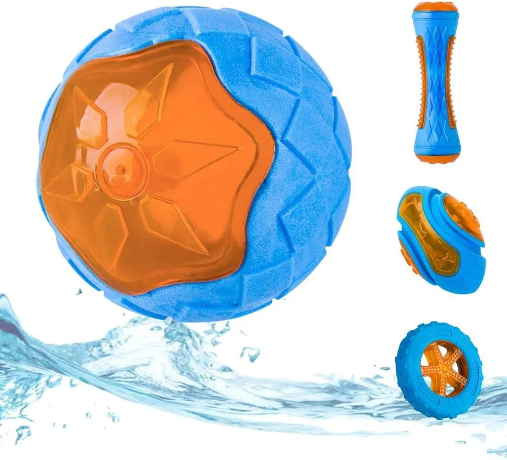 Set of three TPR dog toys: a blue ball, a red barbell, and an orange tyre with bumpy textures.