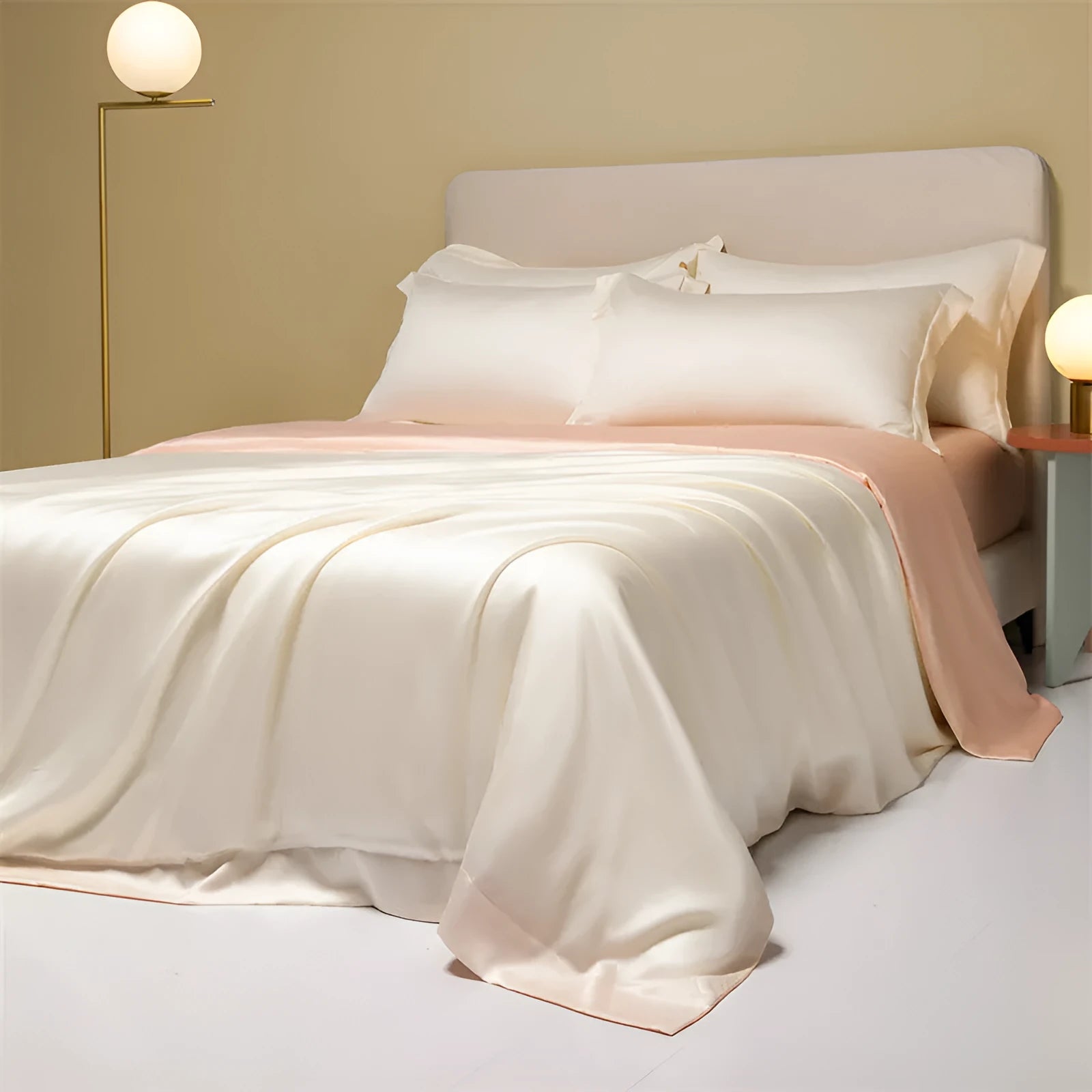 Luxury Lenzing Tencel duvet cover and pillowcase set in Aurora Blue colour on a modern bed.