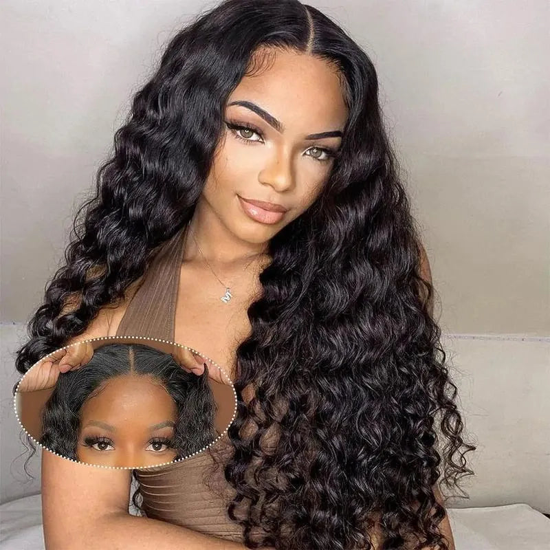 Glueless deep wave lace wig 13x4 K silk long straight black hair with bangs on mannequin