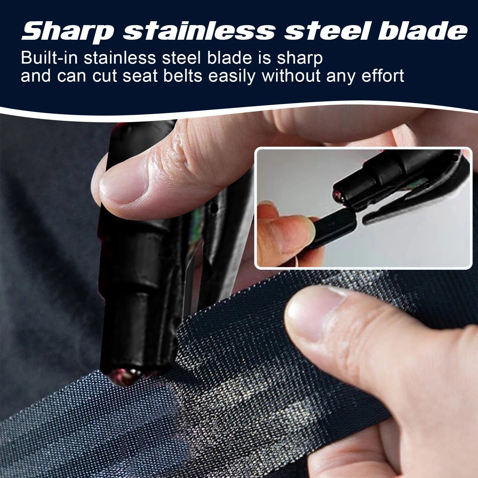 Compact car emergency hammer with seatbelt cutter measuring 3.5 by 7.5cm