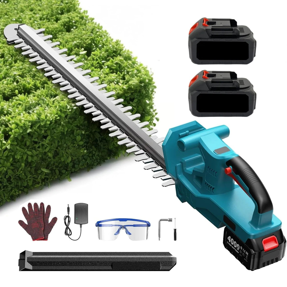 Lithium battery wireless electric hedge trimmer with two batteries, charger, gloves and goggles on a workbench