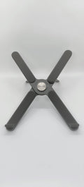Foldable aluminium alloy laptop bracket in silver on a desk with notebook computer