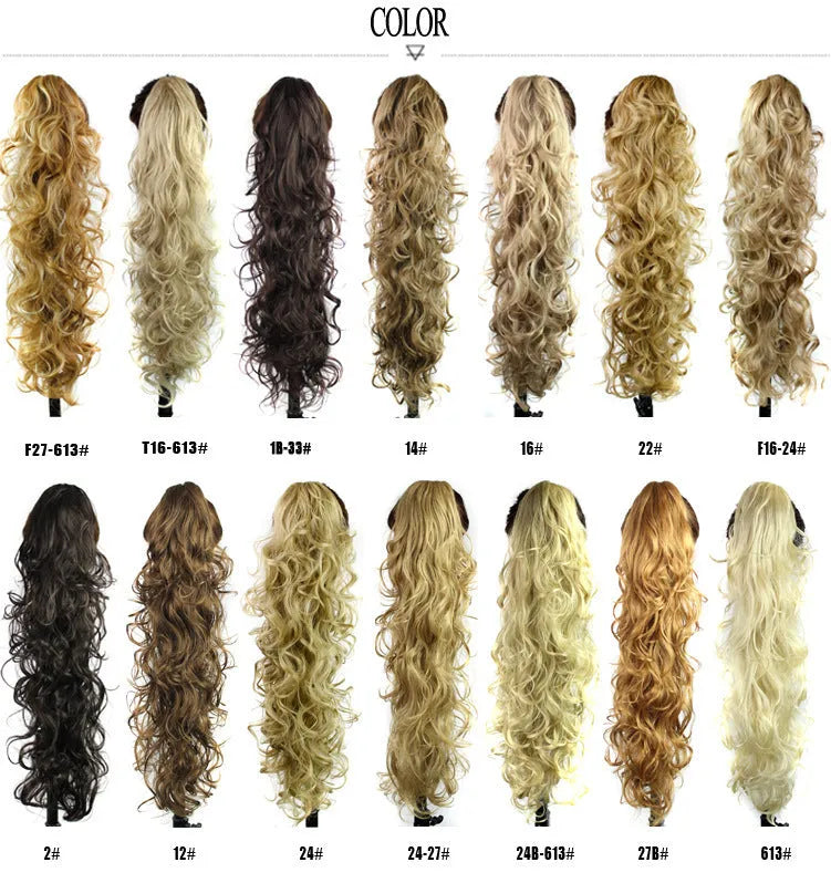 Chemical fiber ponytail extension with wavy long curly texture and grab clip, 65cm length, available in 12 colours