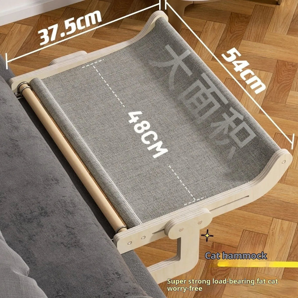 Extra large cat hanging bed with solid wood frame and canvas hammock, available in blue, gray, pink, or yellow for balcony or window use