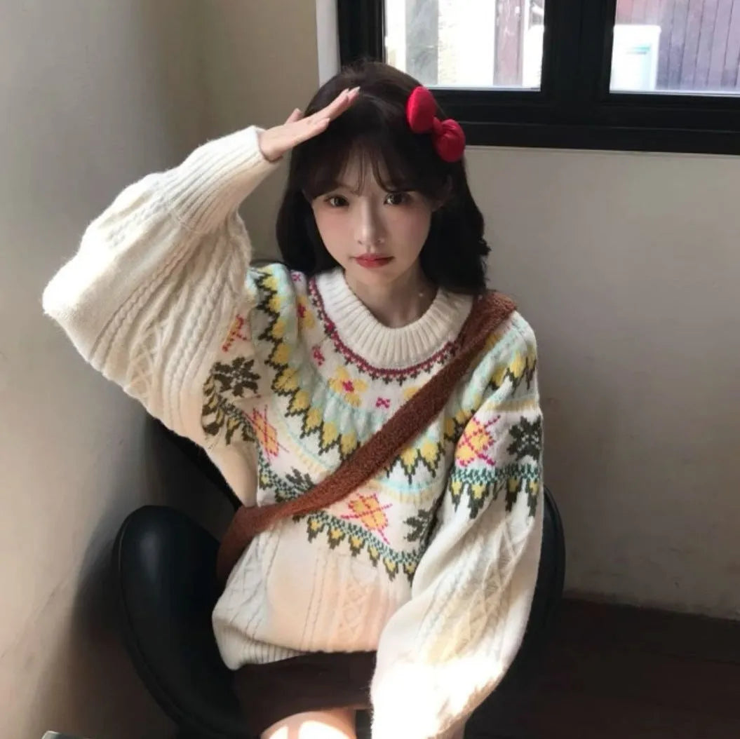 Women's milky white lantern sleeve acrylic knitwear pullover sweater on hanger