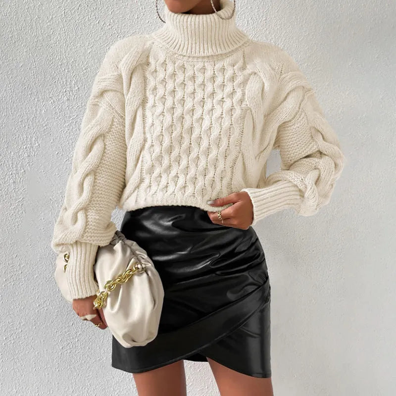 Twist thread solid colour loose pullover sweater for women in camel, polyester fabric, long sleeves