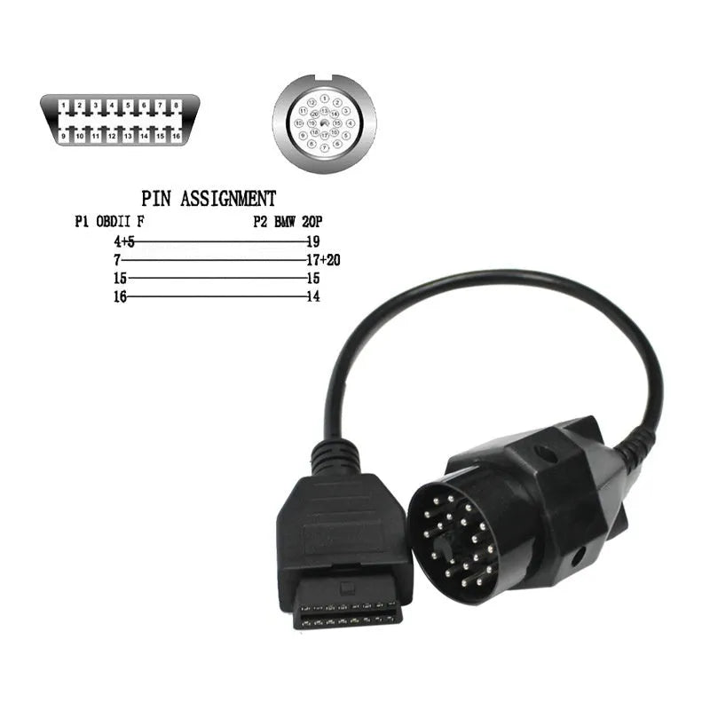 BMW 20-pin to standard 16-pin OBD2 diagnostic adapter cable on a white background