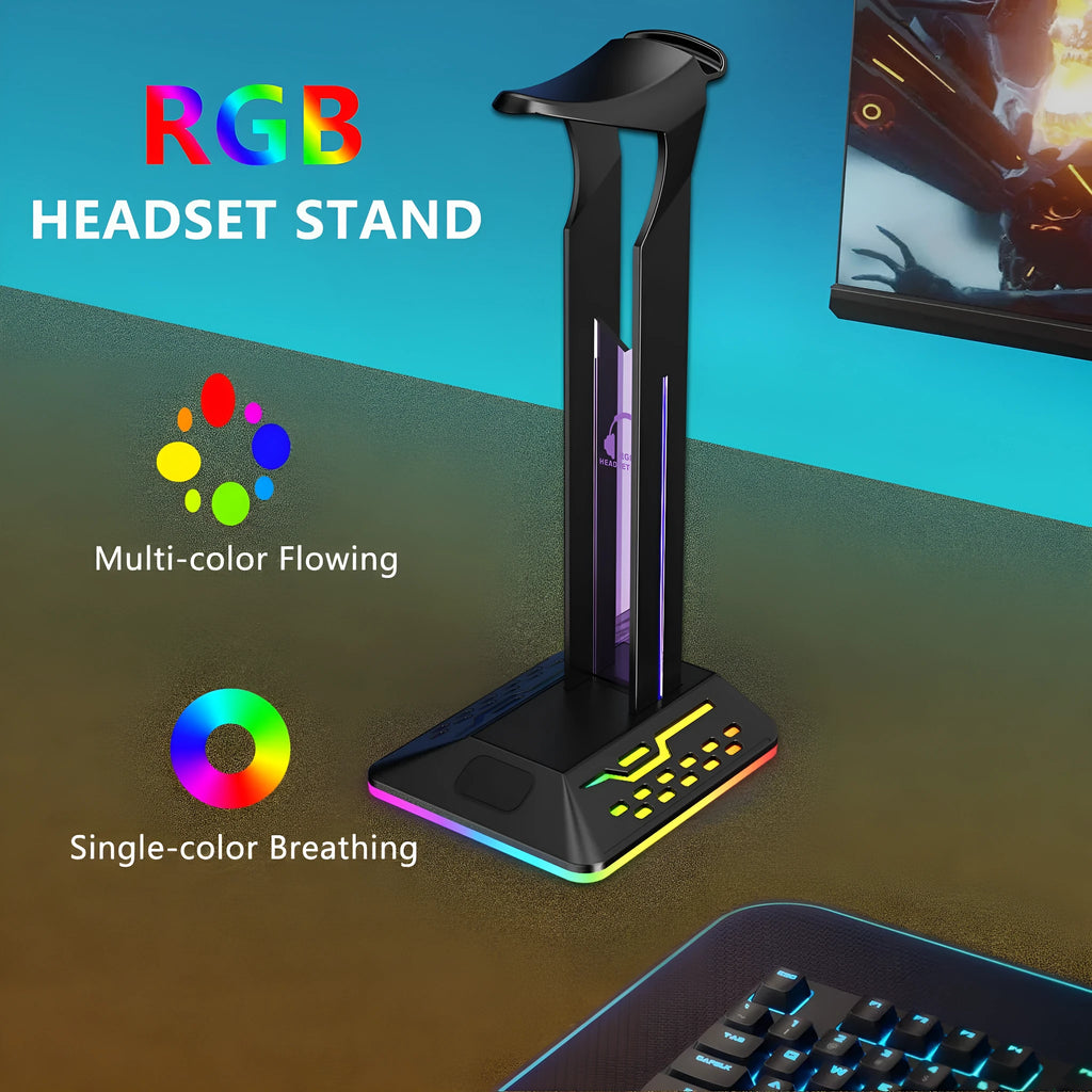 RGB headphone stand with glowing LEDs, dual USB ports, and a headset displayed on it.