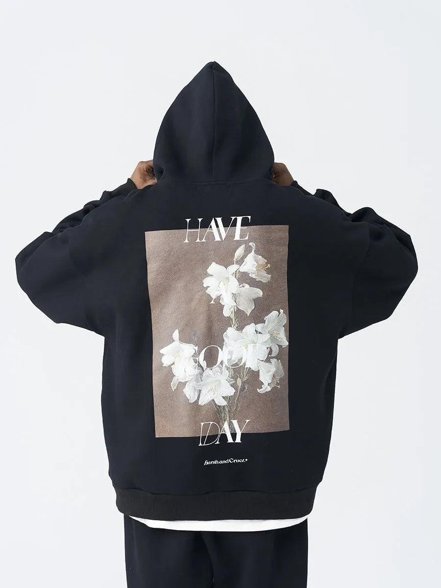 Hooded floral print sweater men retro oil painting style black grey sizes S to 2XL