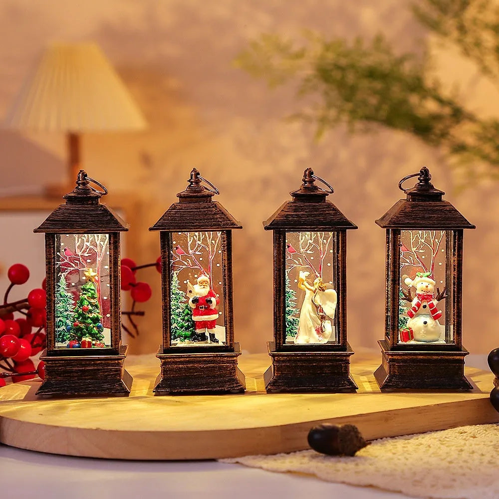Small plastic Christmas portable oil lamp with Santa Claus figure, battery powered LED night light, hanging lantern design