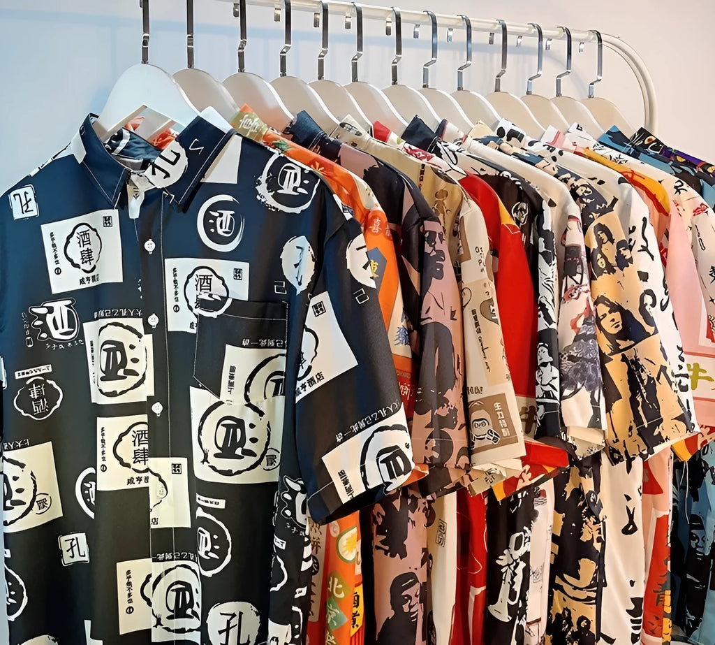 A loose-fitting men's short sleeve shirt with a colourful floral print, made from polyester.