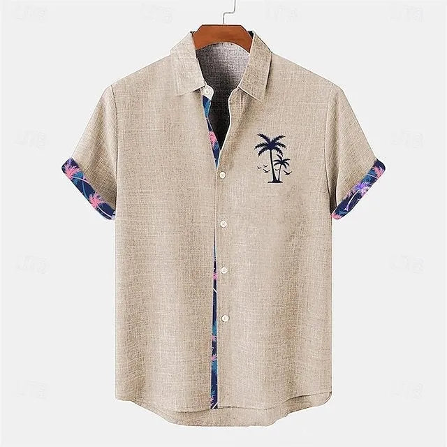 Linen short sleeve shirt with ocean fish pattern on lapel in loose casual fit