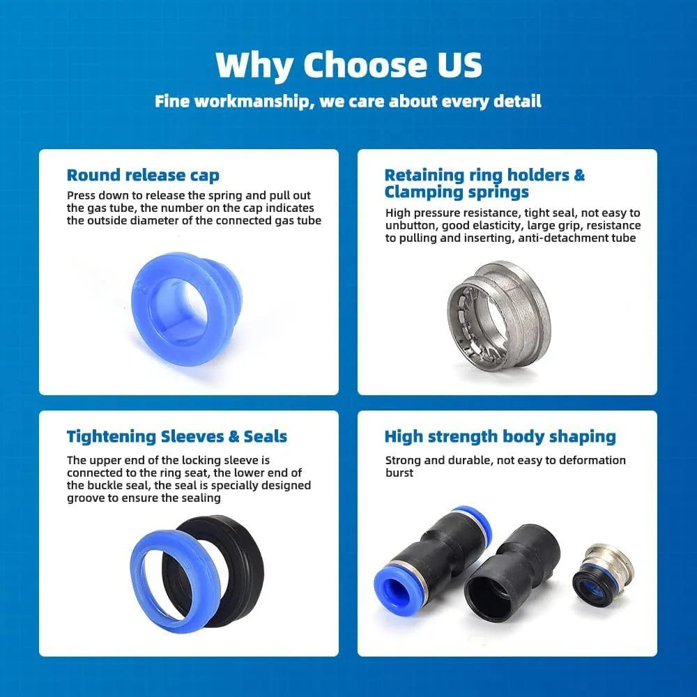 Assortment of 60 quick push-in alloy plastic pneumatic connectors in R1/4 and R1/2 inch sizes.