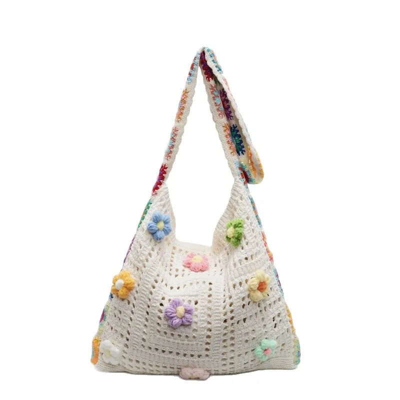 Woven polyester beach bag with hollow design and single shoulder strap showing 30x28cm dimensions
