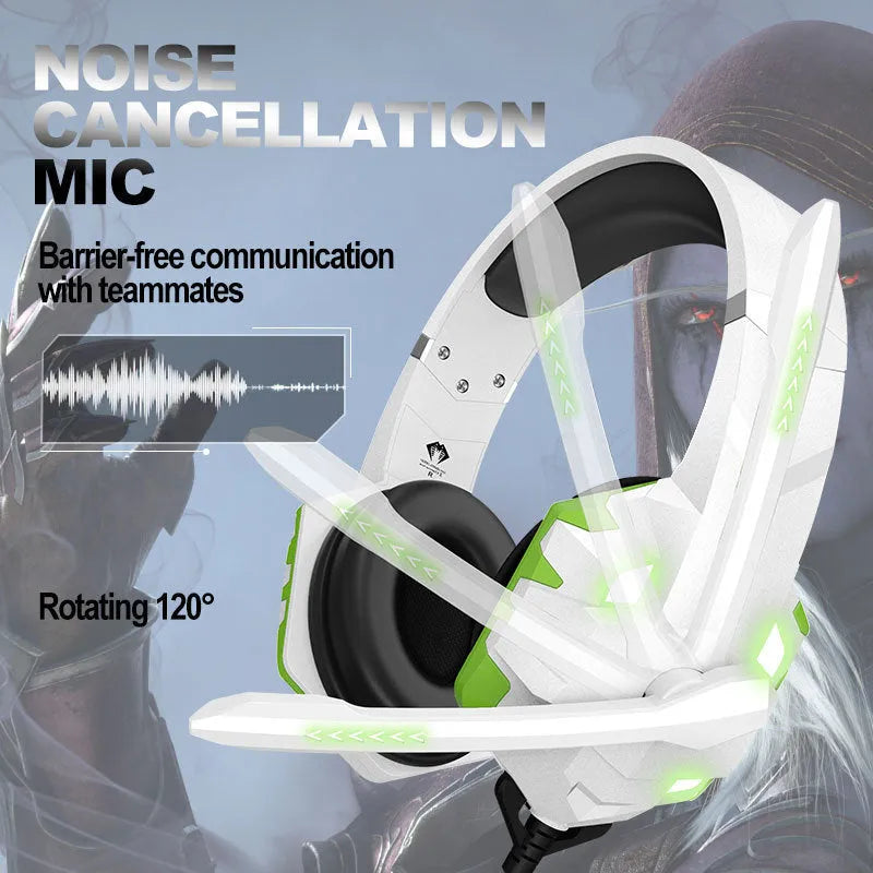 Wired gaming headset with microphone and breathing light in blue, pink, red, or white options