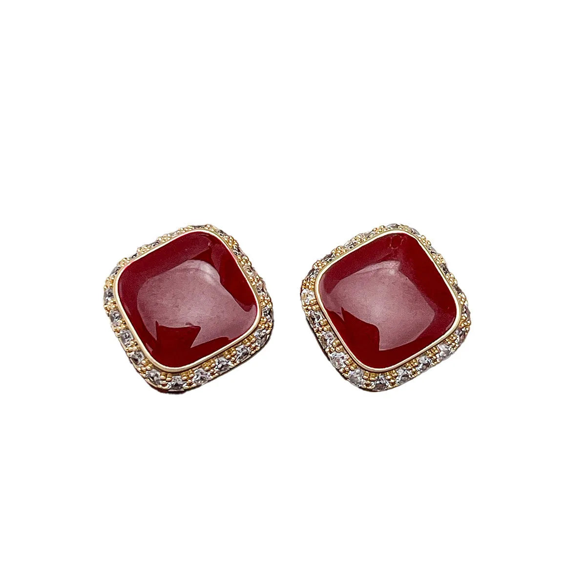 Retro red alloy earrings with geometric square inlaid design for women.