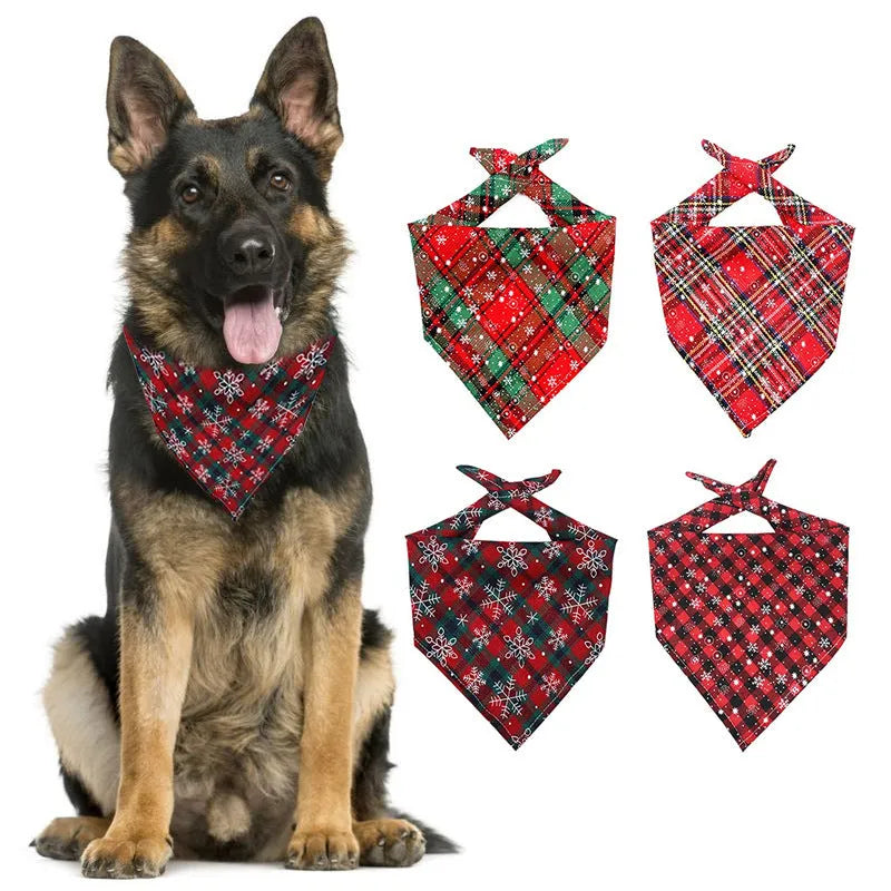 Cotton triangular dog scarf with plaid pattern in Christmas colours, 44x44cm, placed on a dog