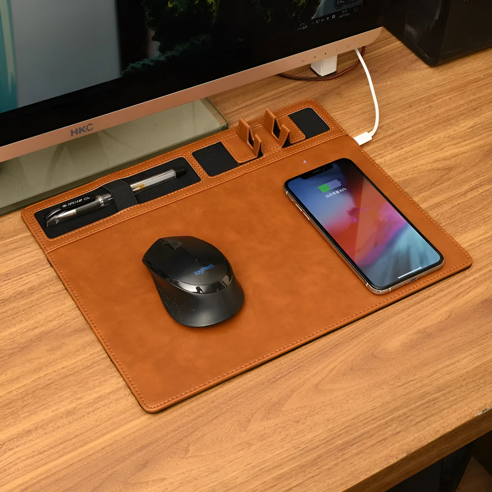 Wireless charging mouse pad with phone holder in black, showing USB cable and 320mm by 260mm size.