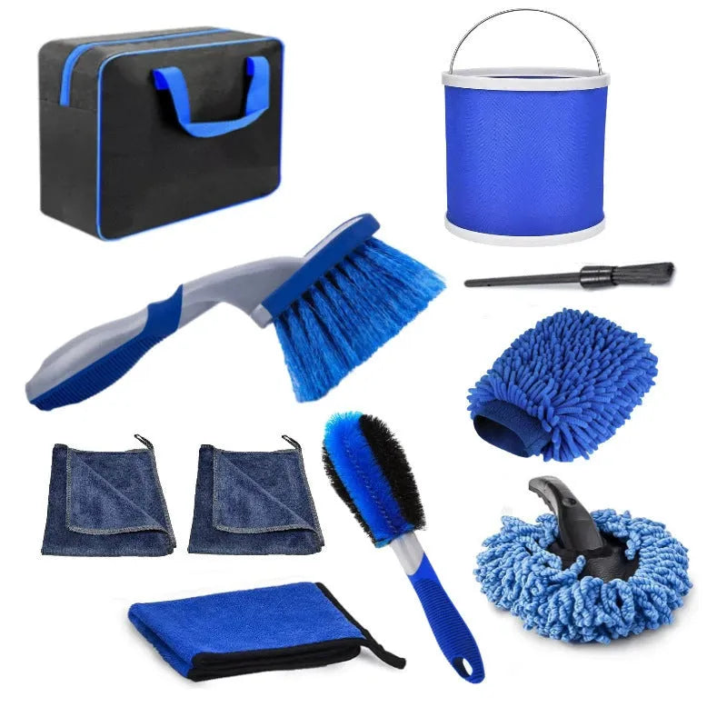 Car interior cleaning brush set with round disc brushes, PP bristles, and plastic handles - 9 piece option shown